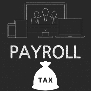 Clip art of computers and tablets above the word "Payroll" with a money bag labeled "tax" at the bottom
