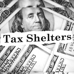 $100 bills with the words "Tax Shelters" superimposed over them