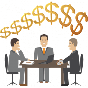 Clip art image of three businessmen at a table with dollar signs overhead