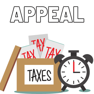 Clip art of a box labeled TAXES with papers labeled TAX next to an alarm clock with the words APPEAL above