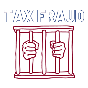 An illustration of hands on prison bars with the words "Tax Fraud" above