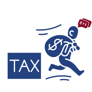 A cartoon of a person with a sack of money running away from the word TAX 